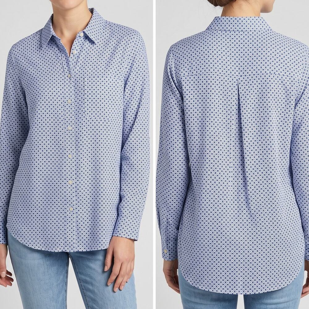 Grand & Greene Roll Sleeves Blue Pattern Button Front Collared Top Large